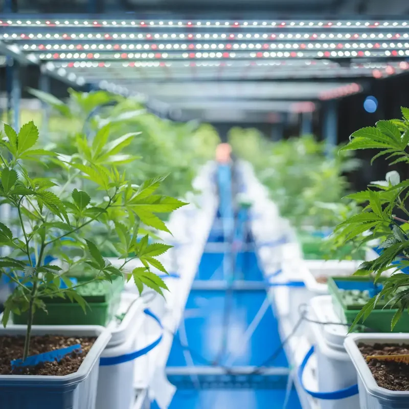 Cannabis plants growing under lights in a hydroponic cultivation room