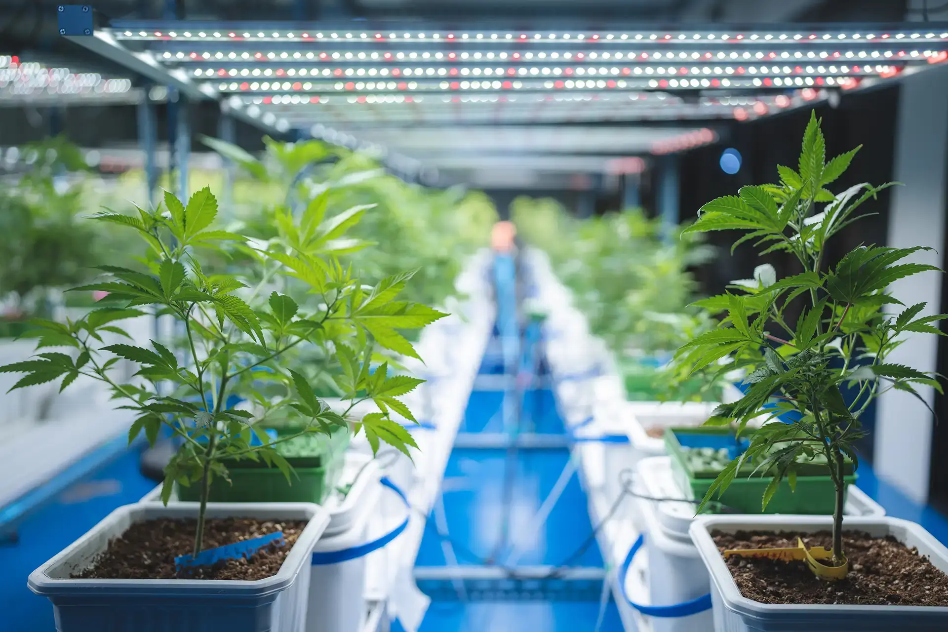 Cannabis plants growing under lights in a hydroponic cultivation room