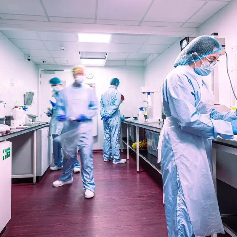 Staff in protective clothing working in a pharmaceutical cleanroom